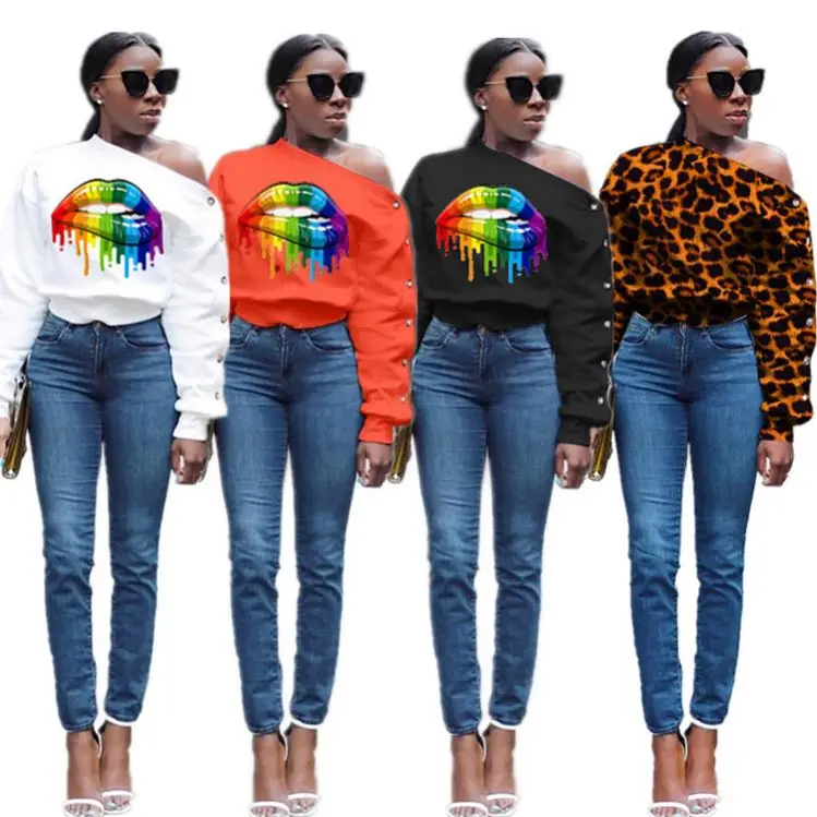 sexy fall trendy clothing casual fashion long sleeves multi-color lips leopard printed 2021 women sexy tops