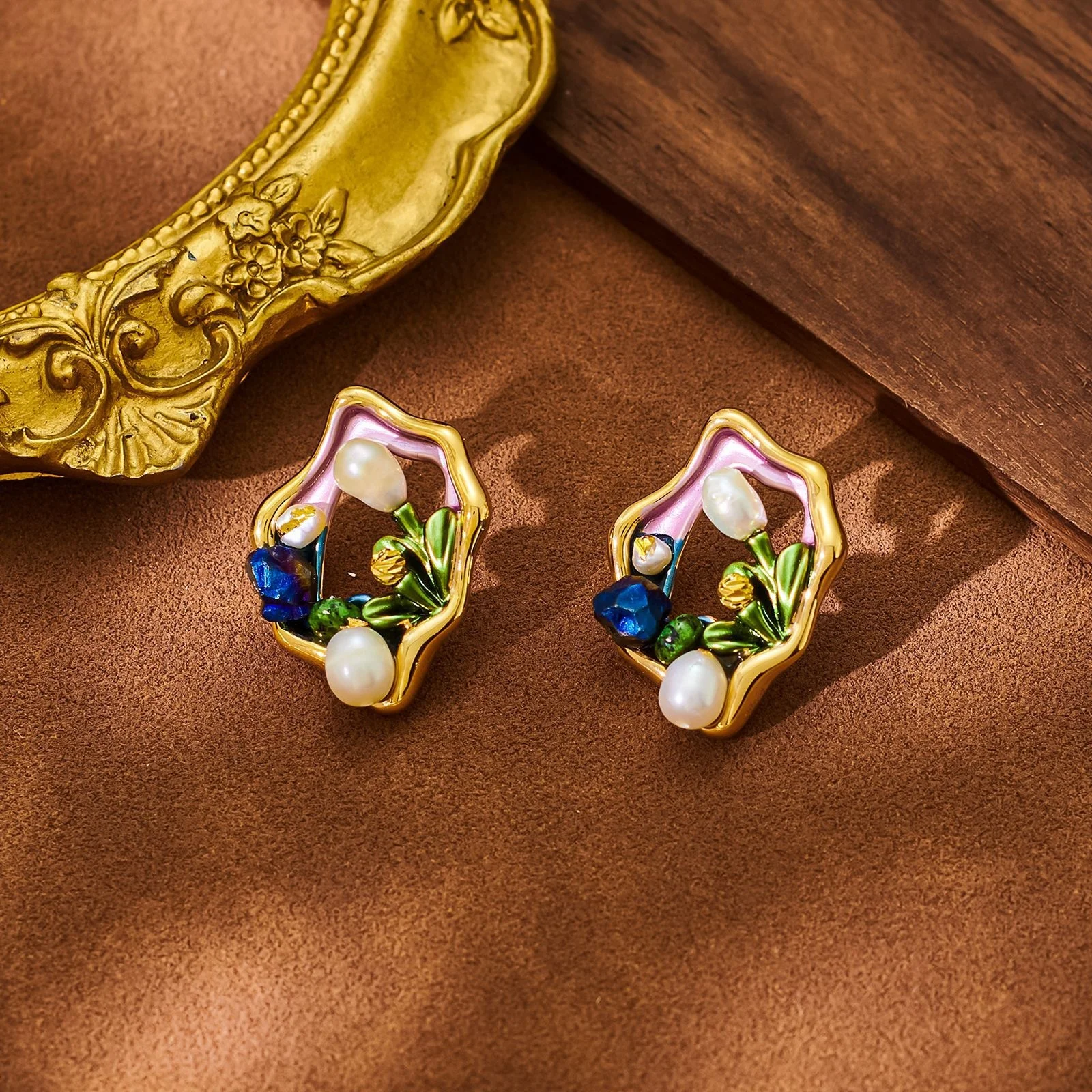 Oil painting style earrings natural freshwater pearls earrings high-end antique style Baroque pearls earrings with S925 needle