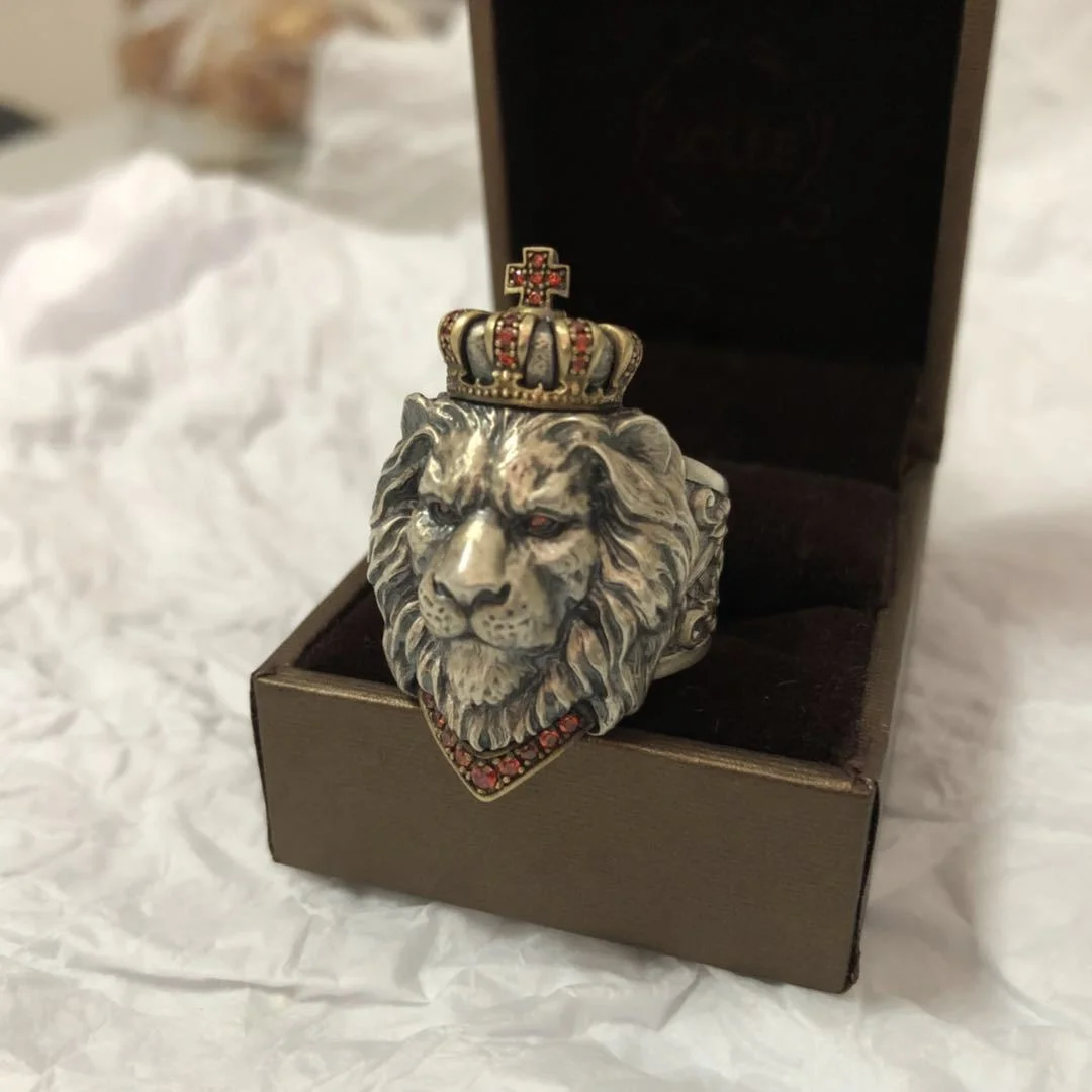 Винтажное кольцо с головой льва мужское открытым крестом корона король Симба