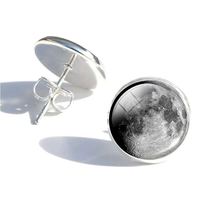 Full Moon Ear Studs Stainless Steel Silver Color New Glass Dome Cabochon Jewelry women men Fashion Space Stud Earrings