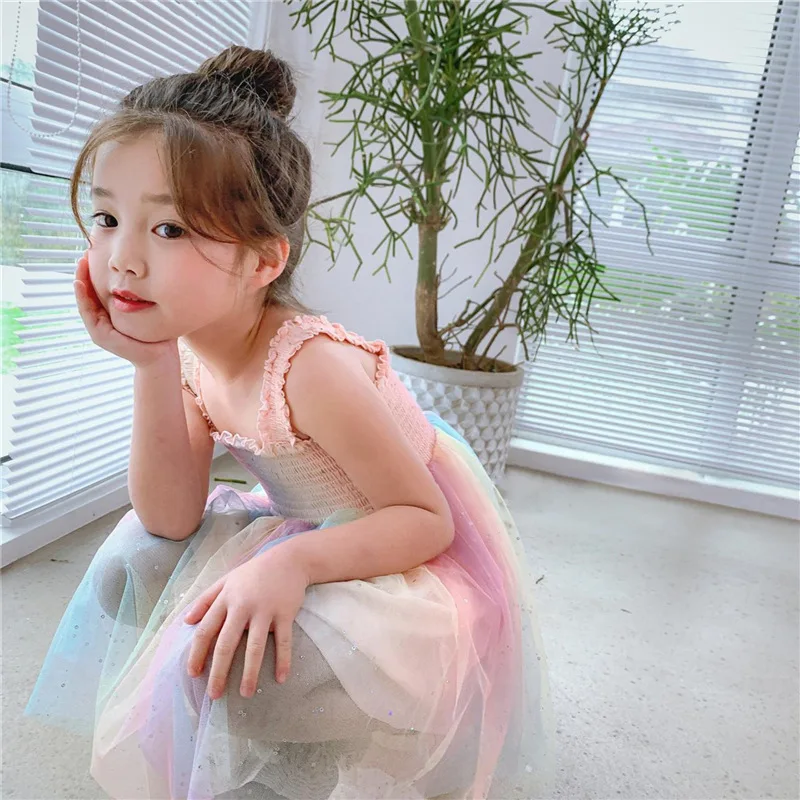 2022 Summer Princess Children Clothing Rainbow Tie-Dye Printed Strapless Lace Tutu Kids Sundress Girls Dress