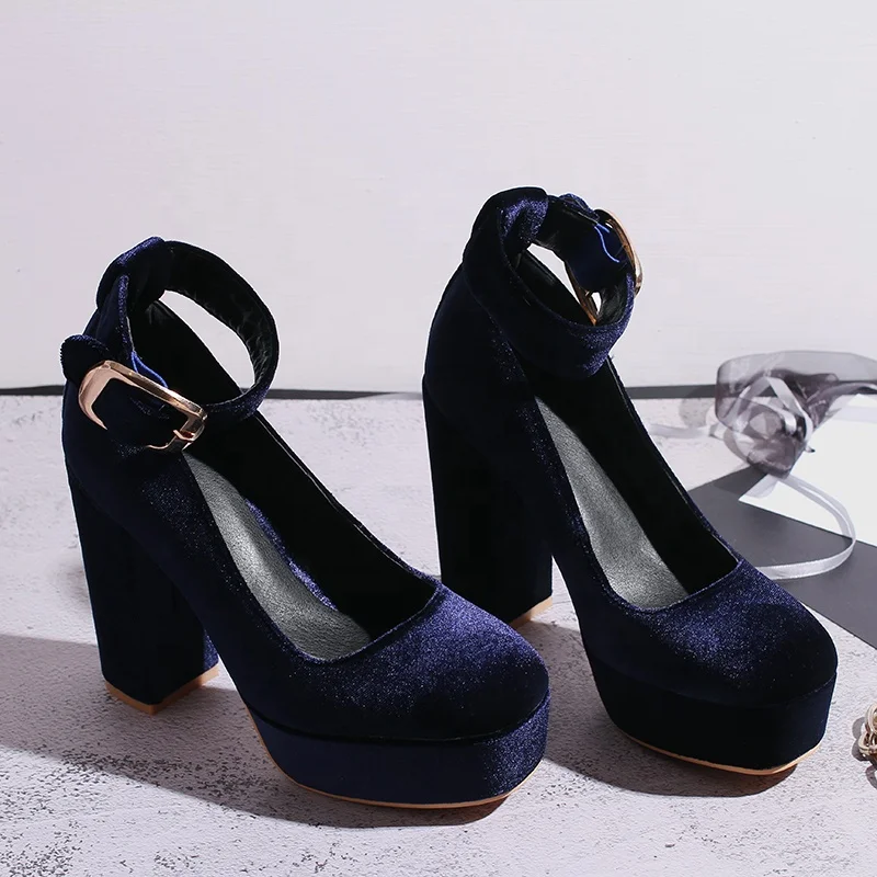 
Blue Navy Velvet Chunky Platforms Sole Mary Jane Block High Heels Shoes 