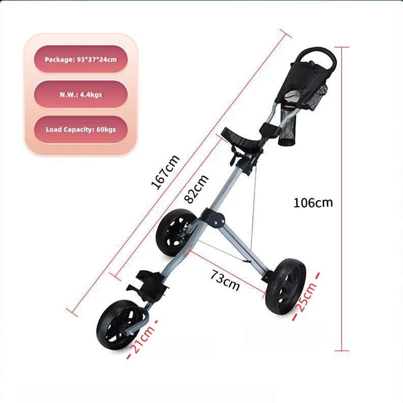 Hot Sales Lightweight 3 Wheels Aluminum Rubber One Touch Folding 60kg Golf Push Trolley Caddy Cart