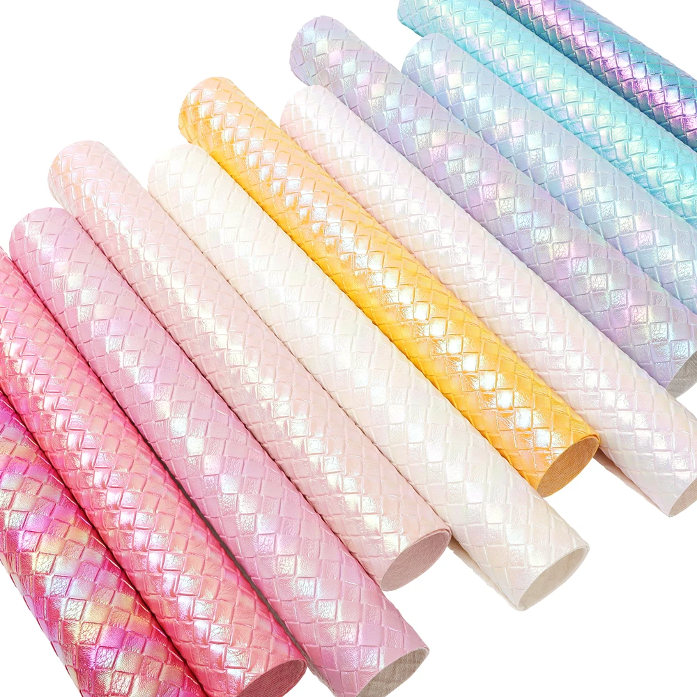 12inx53in Colorful Holographic Woven Plaid Embossed Faux Leather Rolls For Bags Handbags Wallet Notebook