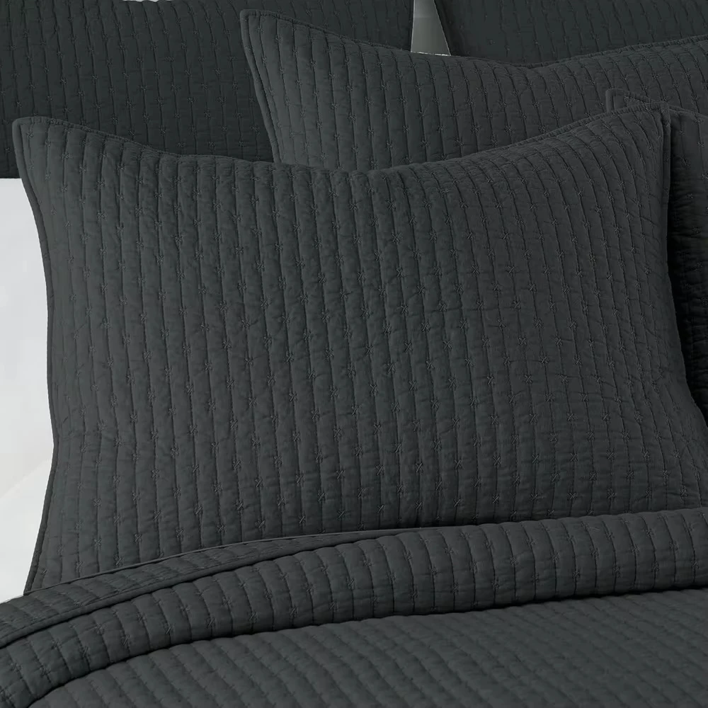Cross Stitch Charcoal Quilt Set - 100_ Cotton - King_Cal King Quilt (106x92in.) + 2 King Shams (36x20in.) - Cotton Fabric