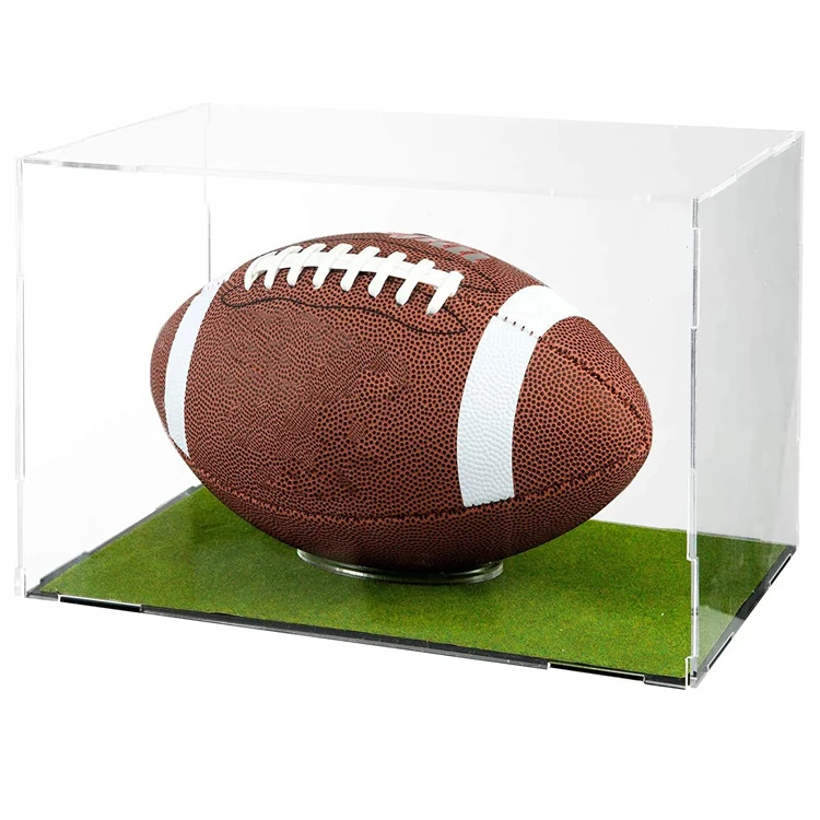 Assemble Acrylic Football Display Case with Base Clear Football Storage Box with Artificial Grass Pad Grandstand Showcase