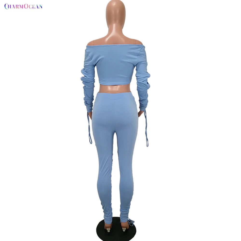 
Free Shipping C09441 - ladies casual patcheds long sleeve top and stacked pants solid bandage two piece set 