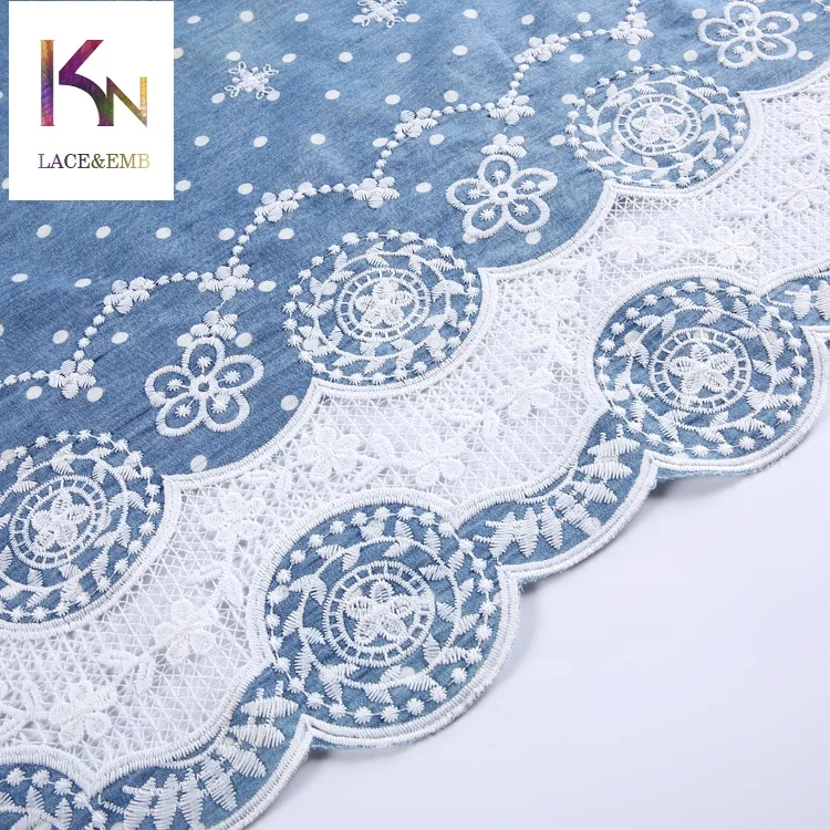 
Creative desgin dot circle blue embroidered 100 cotton denim fabric for skirt making 