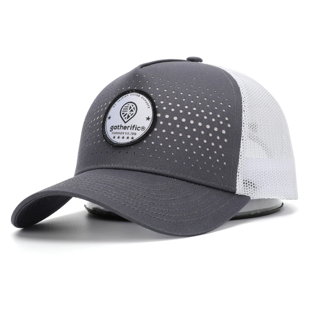 Wholesale 2019 Customized Made Rubber PVC Patch Laser Boring Holes Trucker Cap Mesh Hat