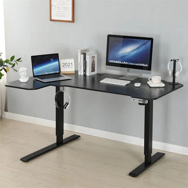 Free shipping L shape 59inch Single Motor 3 pieces top metal frame electric computer gaming desk