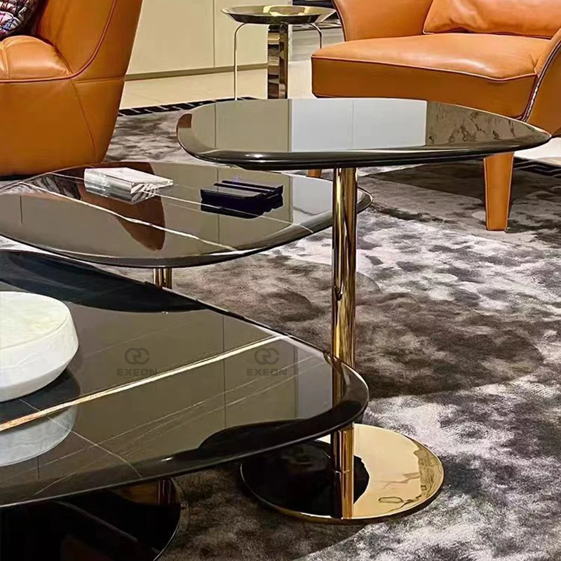 Italian Light Luxury Stainless Steel Black Gold Marble Top Living Room Furniture High-end Coffee Table