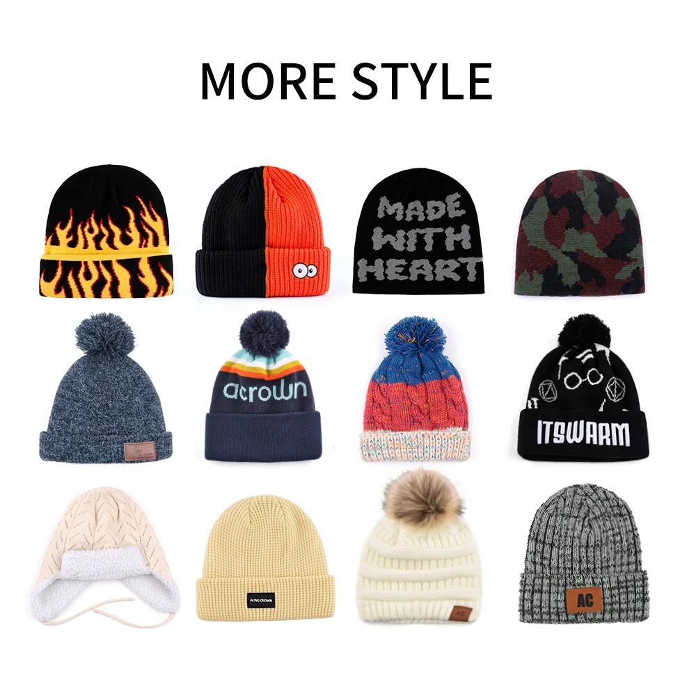 Custom Winter Knitted Hat Logo Printed Jacquard Beanies All Over Logo Knitted Jacquard Winter Skull Beanies
