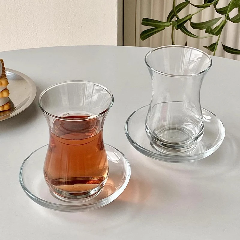 New Design Fancy Waist Shot Glass Black Tea  Tulip Turkish Teacups with Saucers