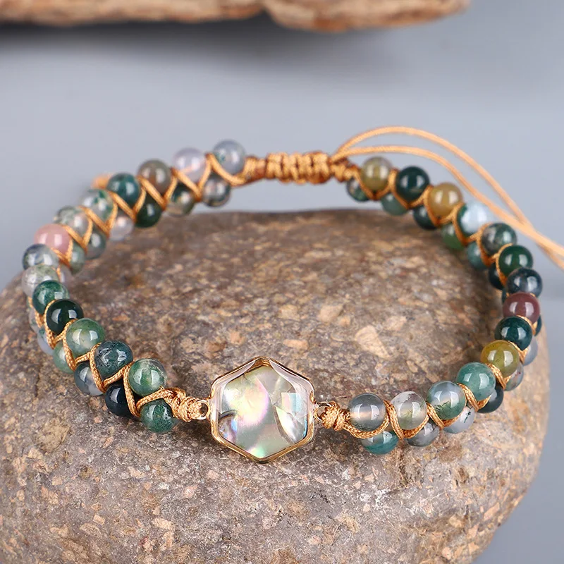 Bohemian Vintage Hand Woven 4mm Indian Agate Beaded Bracelet For Women Natural Stone Entangled Adjustable Rope Yoga Bracelet