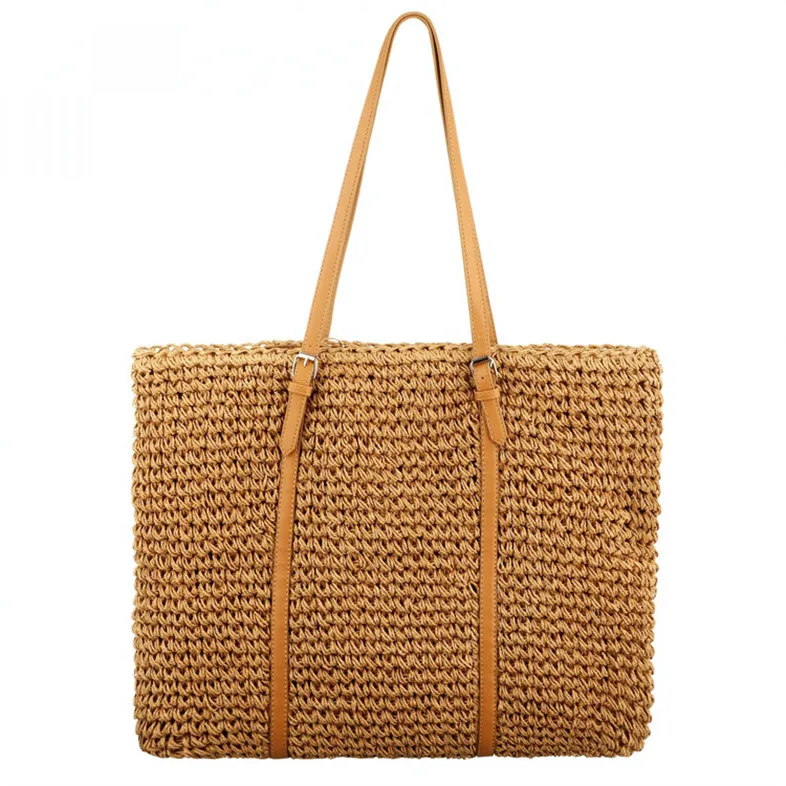 Woman Bags And Purses Fashion Straw Bag Jute Custom Print Beach Raffia Eco Friendly Black Ribbon Coffee Brown Woven Flower
