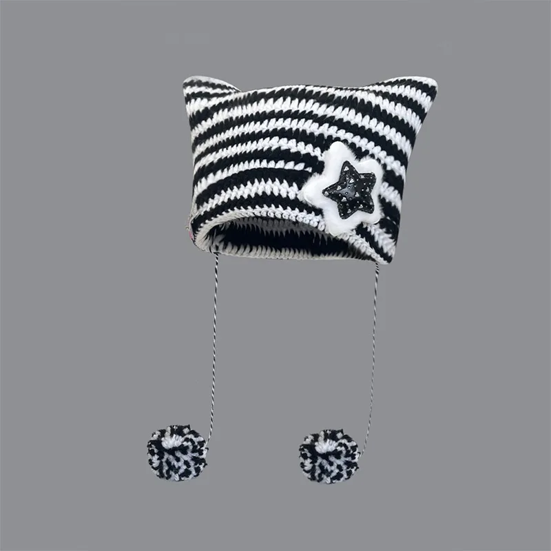 2023 Japan Hot Selling Outdoor Wind Proof Logo Custom Patches Embroidery Cat Ear Knitted Jacquard Beanie Hats For Women