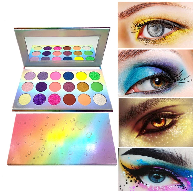 New custom 18 color fluorescent eye shadow plate high gloss matte pearlescent rainbow plate luminous makeup plate