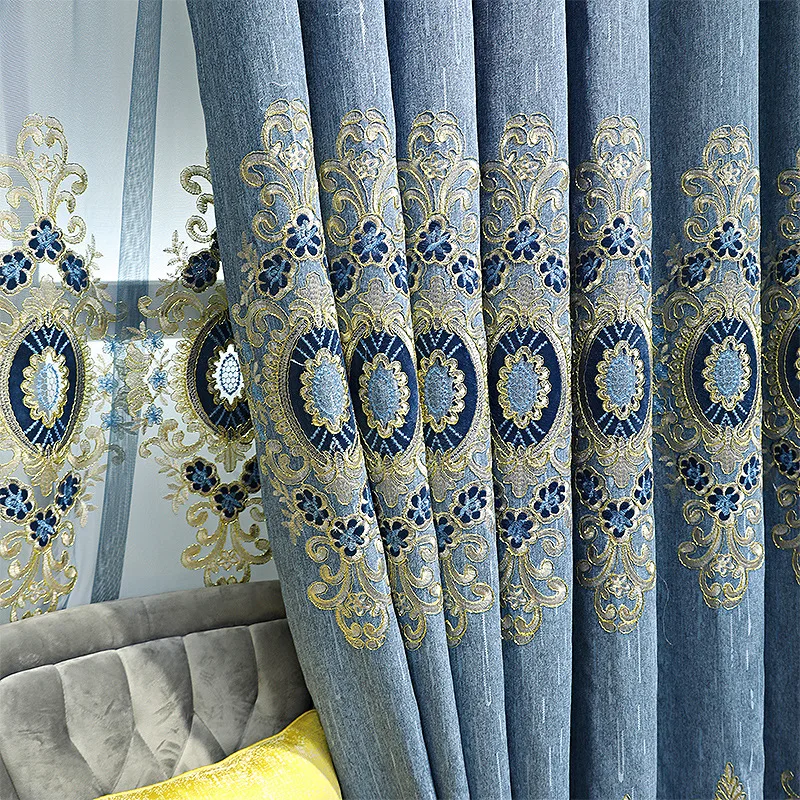 Fabric Curtains Designs Luxury European Elegant embroidered Curtains Living Room With Attached Valance
