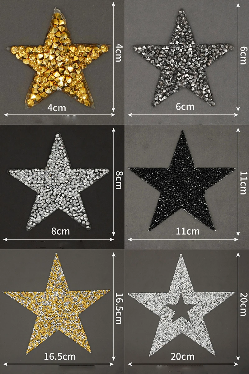 Fashion Hollow Star Patches Iron on Big Small Bling Silver Gold Star Crystal Sparkly Rhinestone Star Patches for Clothing Hat