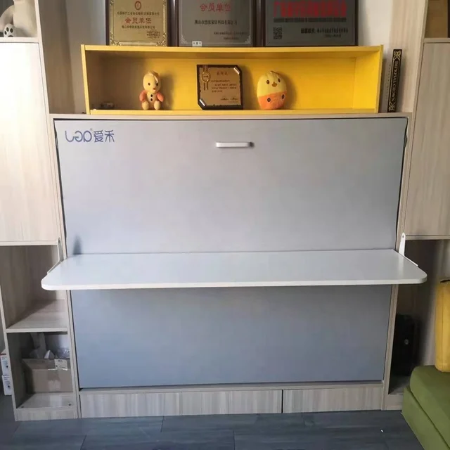 Elegant smart  hidden easy pulling horizontal murphy bed in single double queen king size with hanging desk fit apartment house