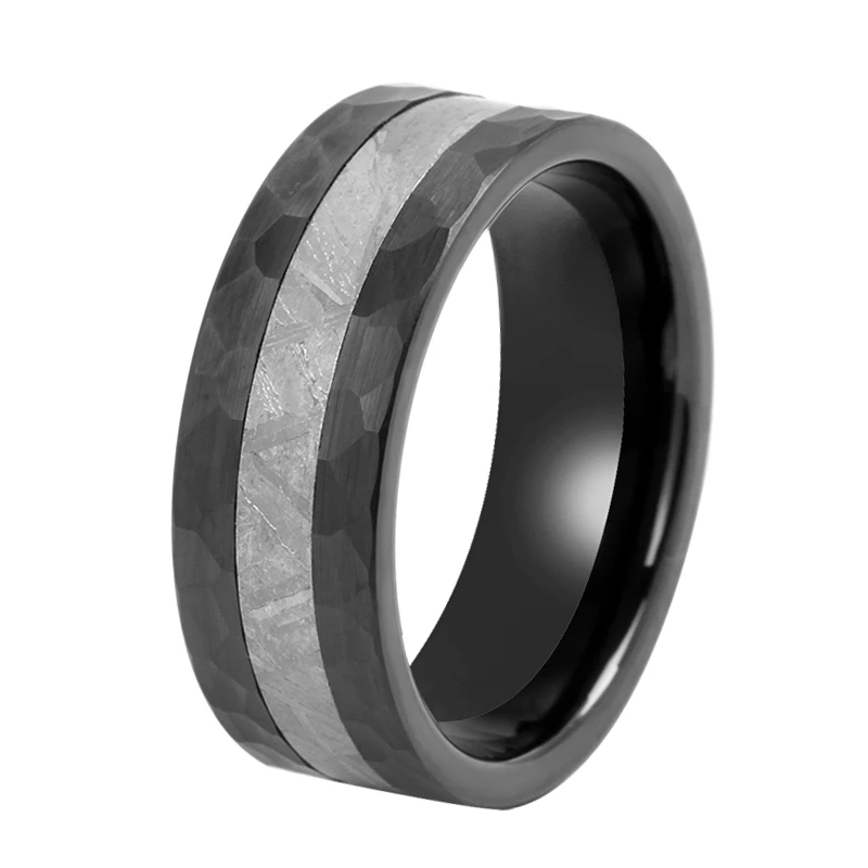 Tizti Jewelry 8mm Black Hammered Real Meteorite Centre Inlay Tungsten Carbide Wedding Rings For Men