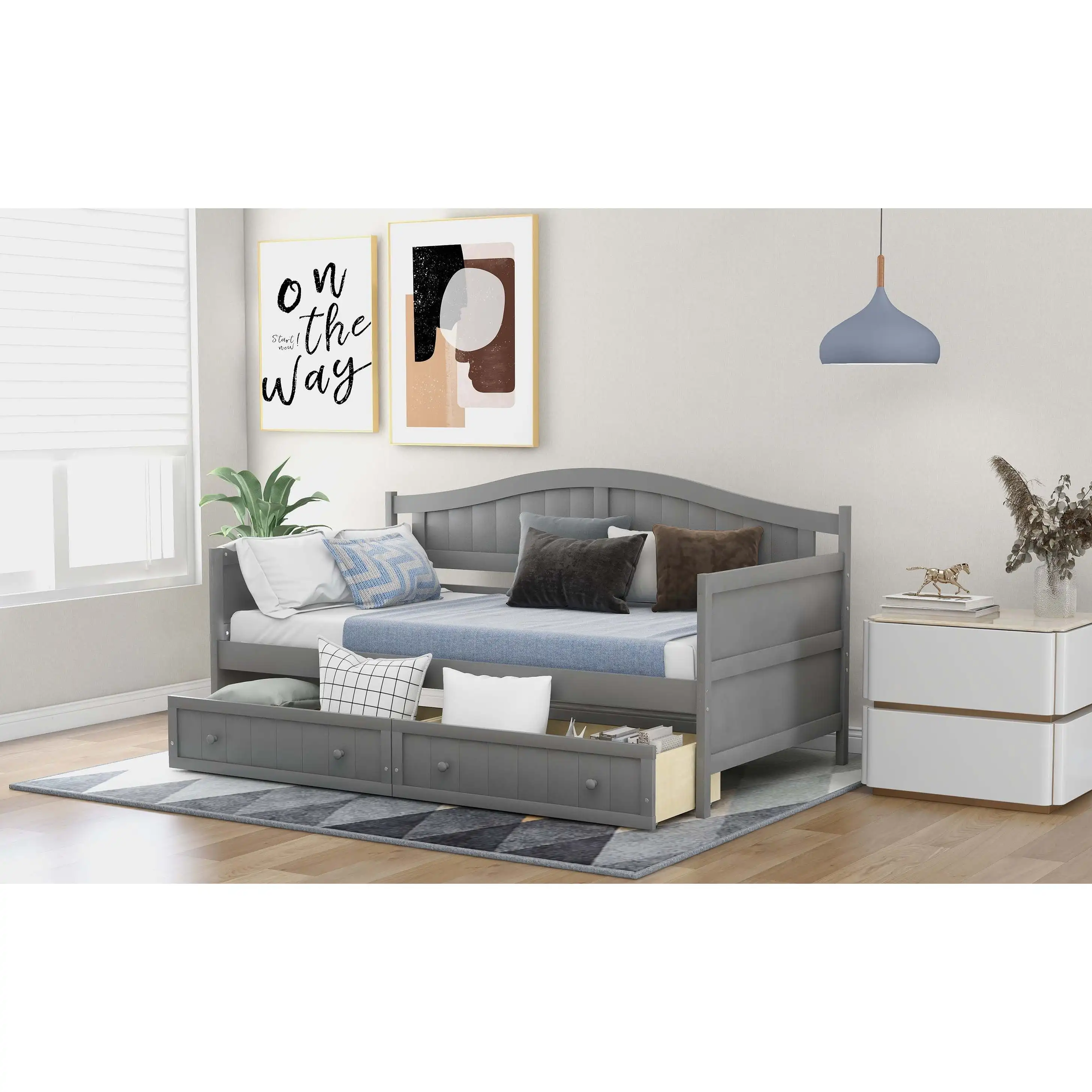 Twin Wooden Daybed with 2 drawers, Sofa Bed for Bedroom Living Room,No Box Spring Needed,Gray