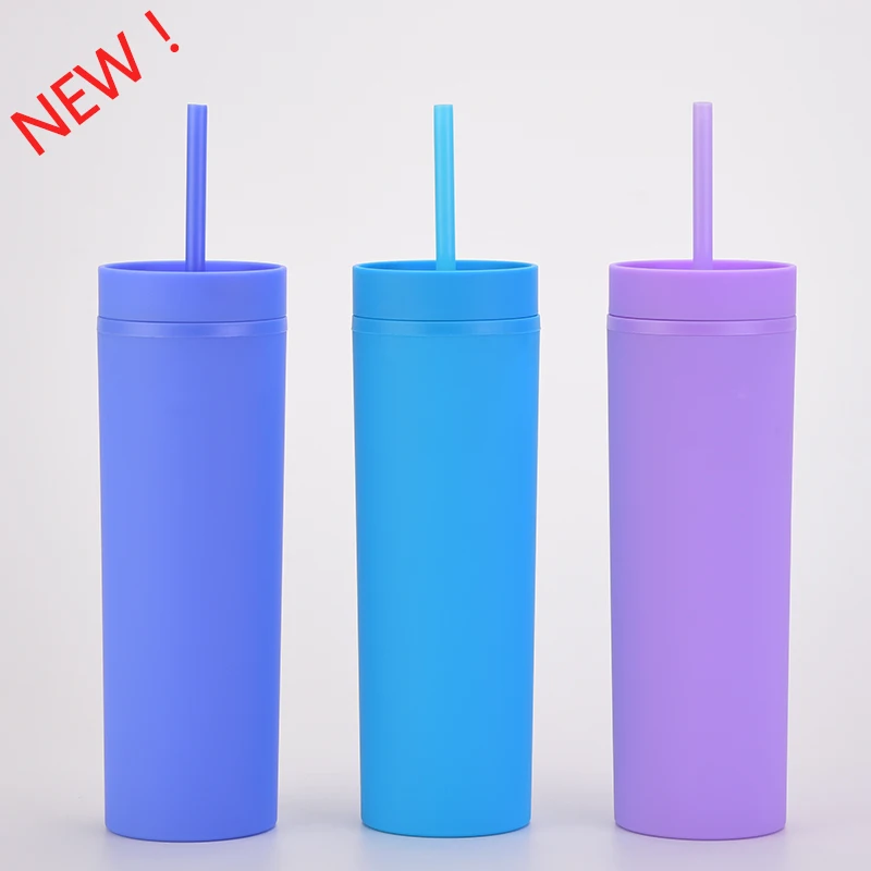 SKINNY Double layered Plastic Cup Customized Simple Rubber Paint Water Cup 16 OZ Sealed Straight Straw Cup