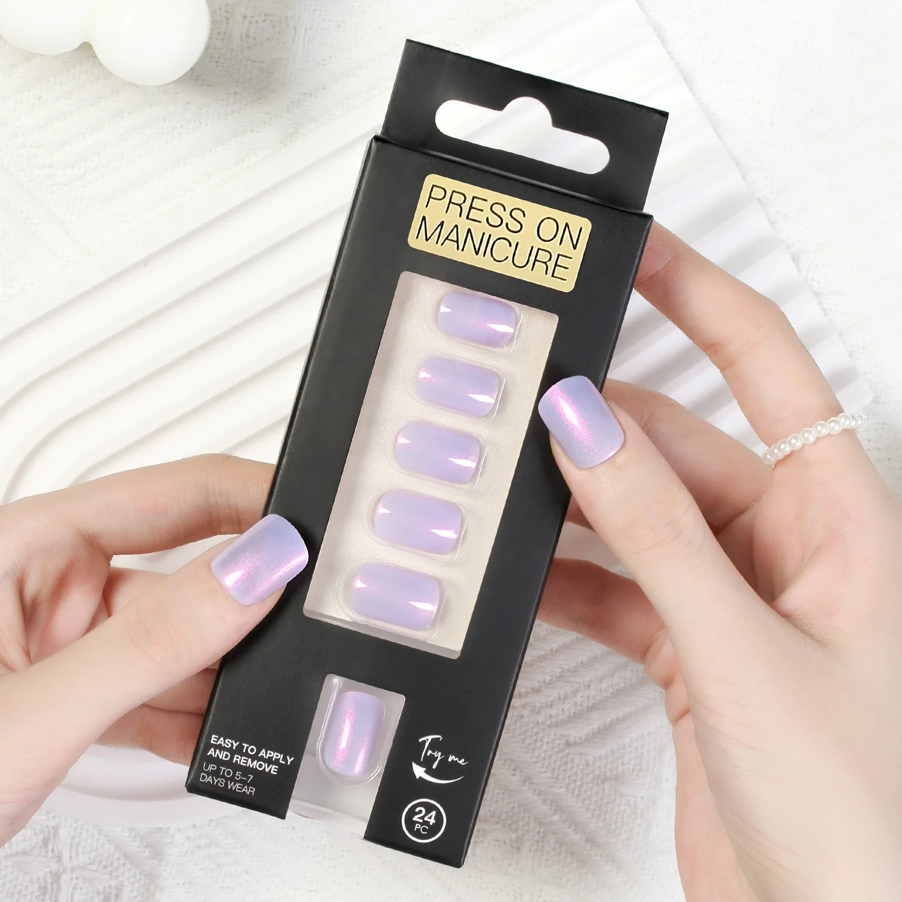 24pcs Squoval Short False Nails Metallic Press On Nail Reusable Fake Nails Set with Tools