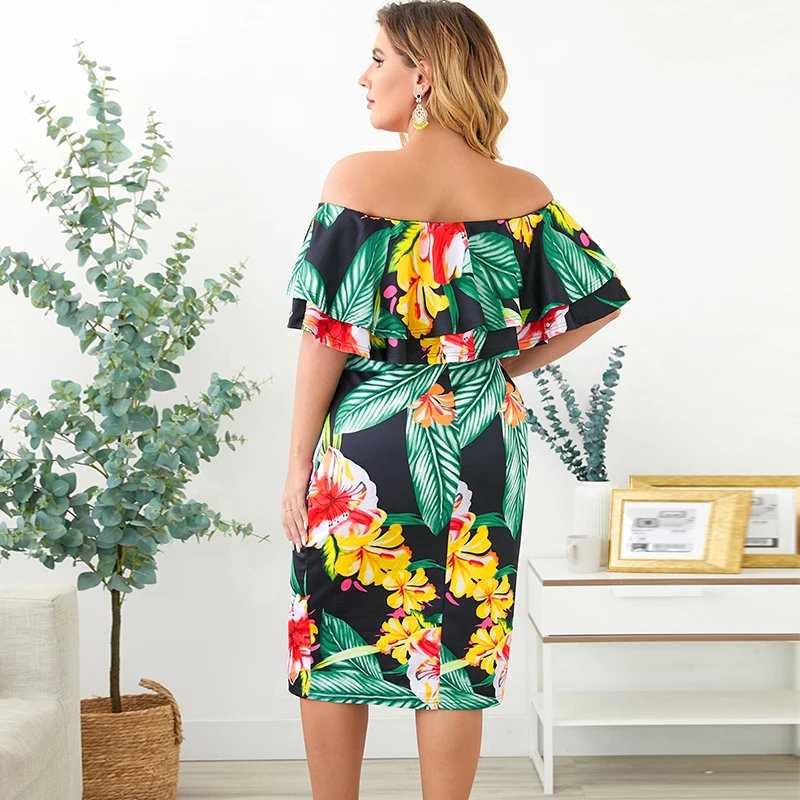 2022 Summer Ladies Elegant Dress Women Floral Off Shoulder Midi Dress Plus Size Dress