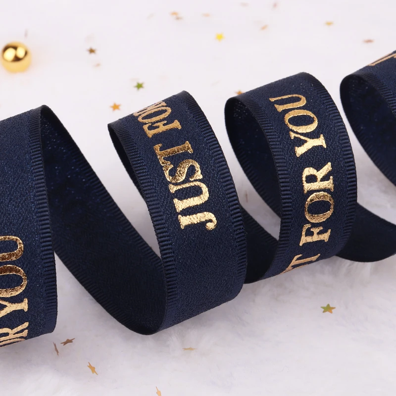 Decorative gold foil printed satin ribbon roll for packing, custom woven ribbon printed ribbon with logo