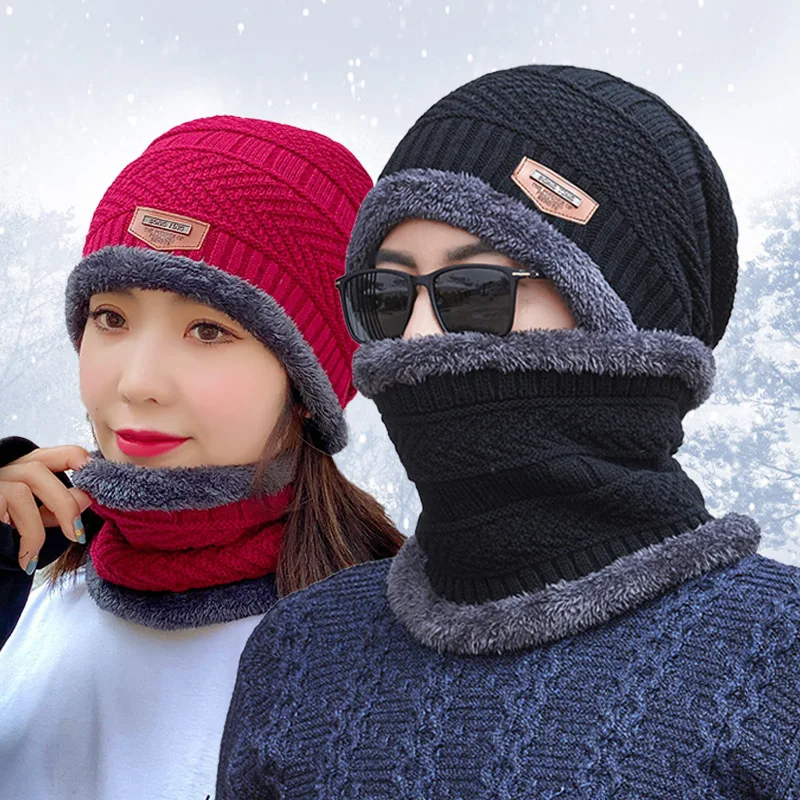 Wholesale fashion unisex fleece lining winter warm men knitting beanie hat and scarf set