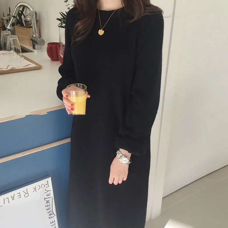 Hot sale korean fashion lady winter thick warm cashmere casual dresses women knit pullover maxi angora long sweater dress