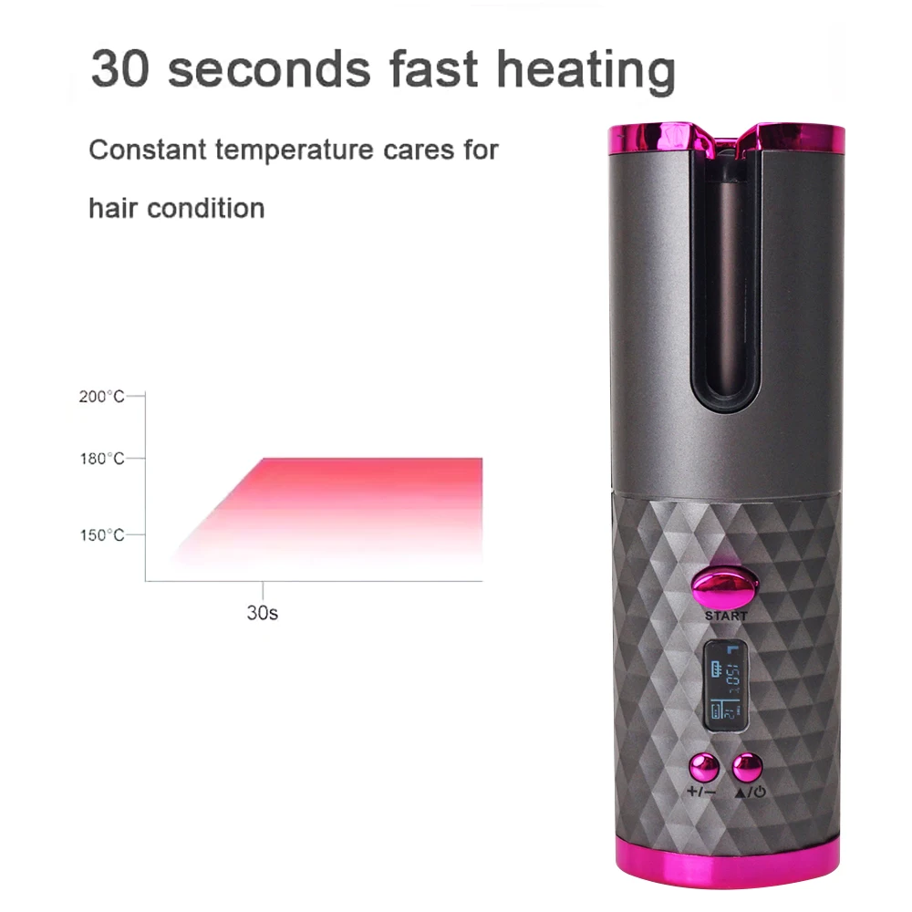 Automatic Curling Iron Fast Heating Hair Curling Iron for Hair Styling Rechargeable Cordless Hair Curler with 6 Temps and Timers