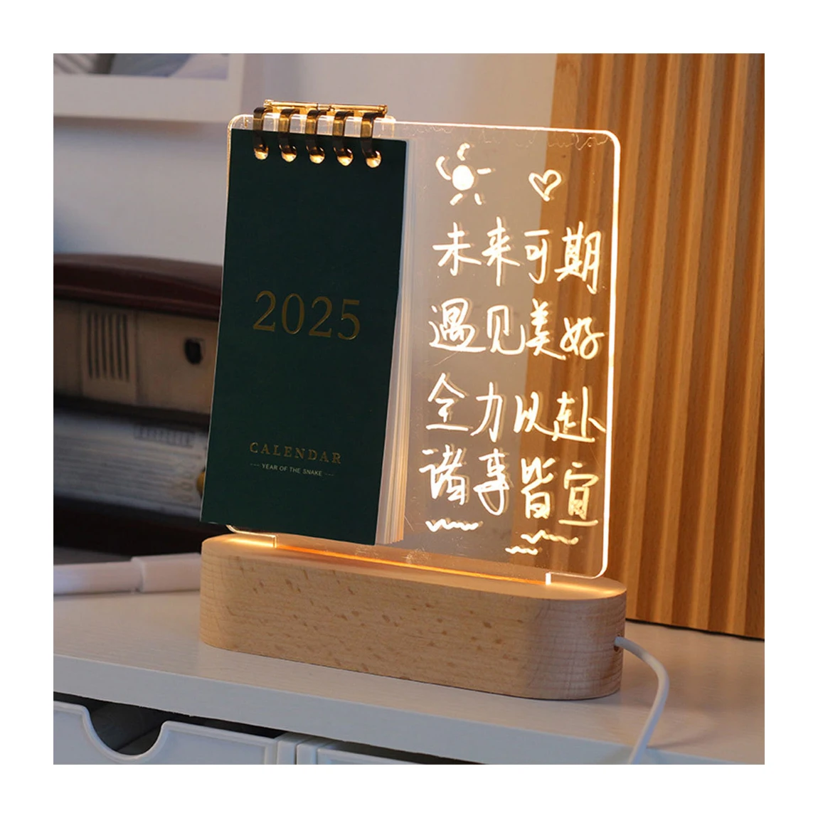 2025 Acrylic Night Light Desk Calendar Creative Wooden Acrylic Desktop Calendar With Erasable Message Board