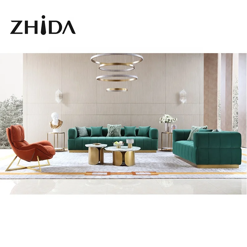 Zhida Hot sale home furniture Italian luxury designed 2 3 4 seat sofa set furniture living room velvet sofa with gold leg