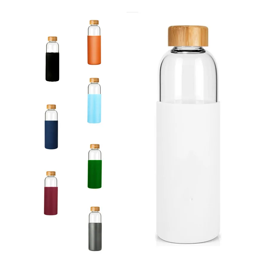 Factory Wholesale Custom Borosilicate Glass Tumbler Glass Water Bottle With Straw Silicone Sleeve Bamboo Lid