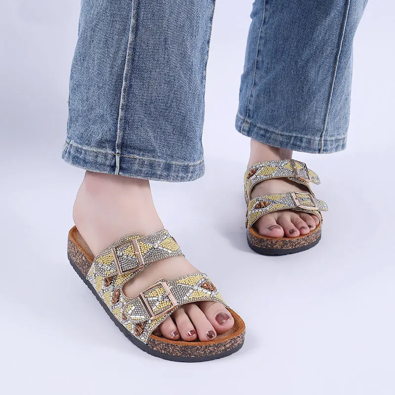 Customized Logo PVC Shoes Women Rhinestone Sandals Popular Double Buckle Sandals Soft Cork Slippers For Mujer