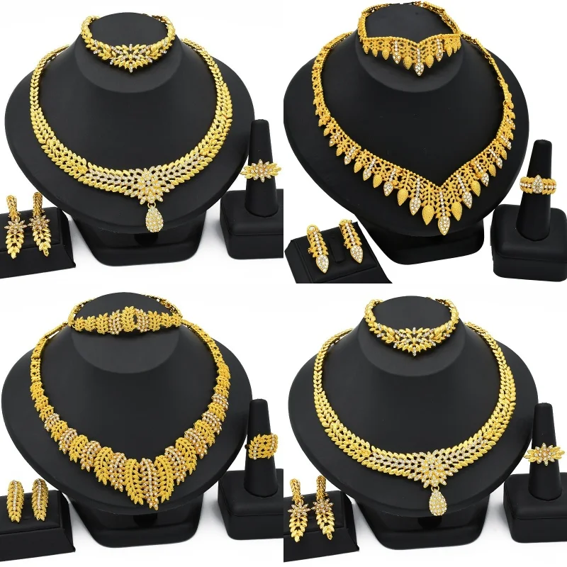 Wholesale Middle East Bridal Wedding Dubai 24k Gold Plated Jewelry Sets Bracelet Earrings Ring Necklace Jewelry Set For Woman