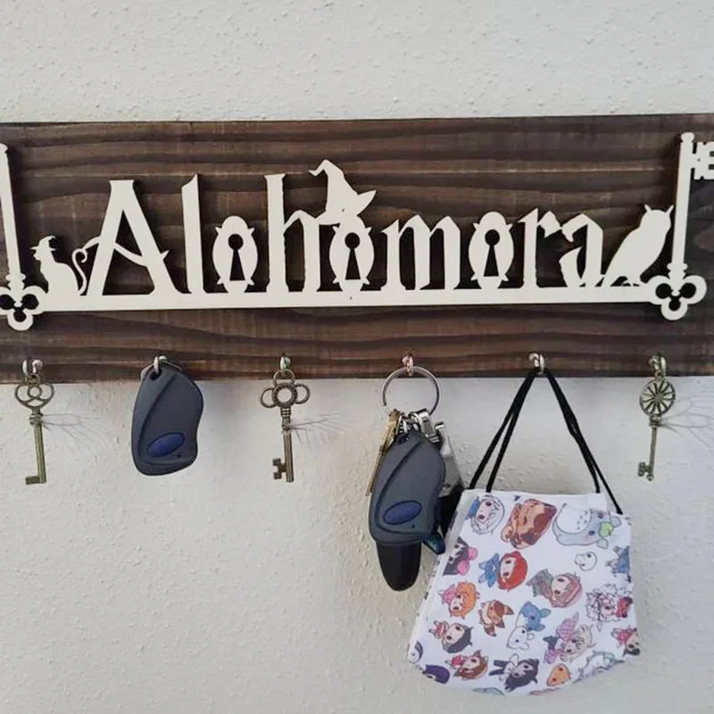 Solid Wood Hallway Wall Art Decor Key Hanger Laser Cut Alohomora Sign Key Holder Key Rack