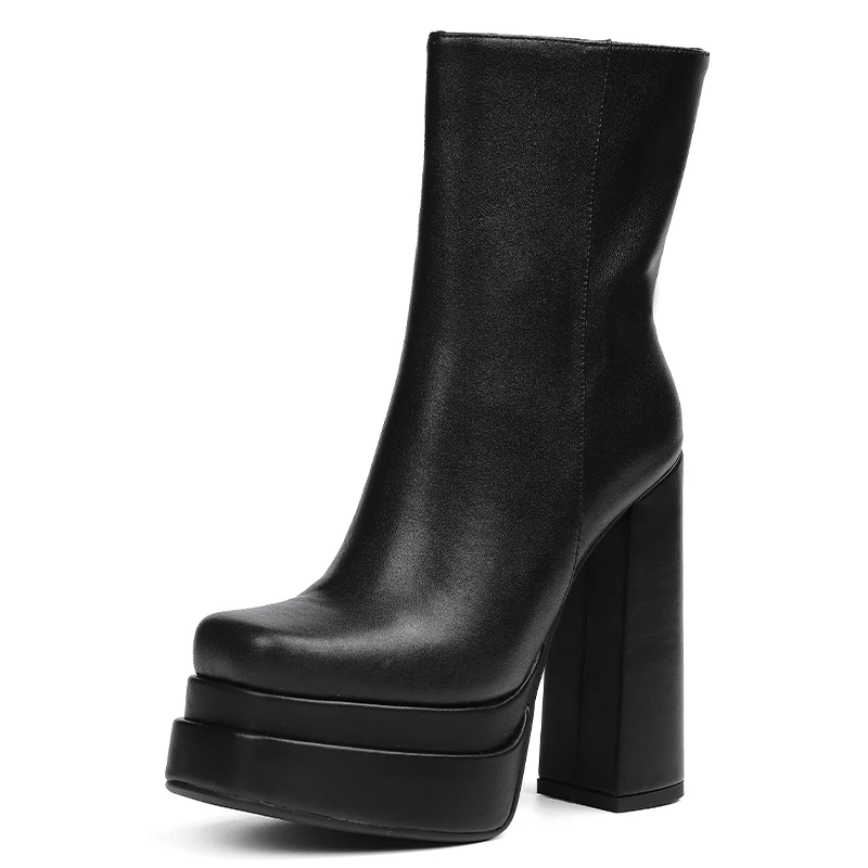 2021 New High Heels Boots Women Ankle Boots Thick Platform Top Quality Genuine Leather Shoes for Ladies Casual Solid White Black
