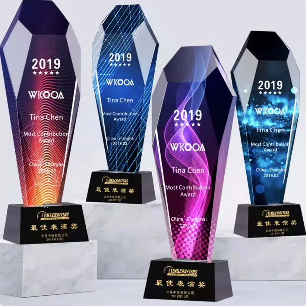 wholesale  Blank crystal trophy award color printing components clear custom crystal glass trophy awards with crystal base