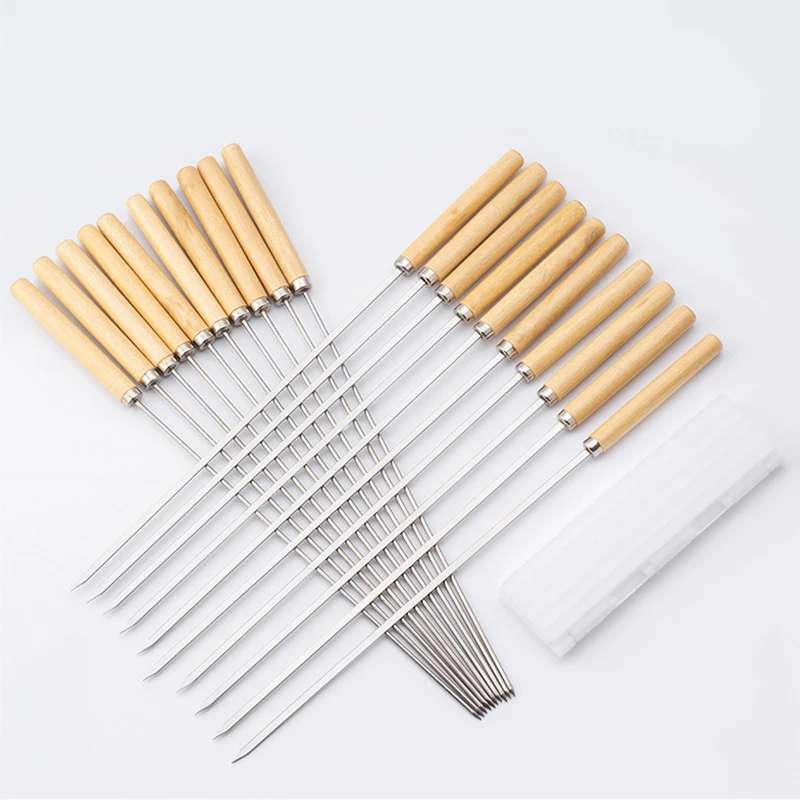 OEM Manufacturer Stainless Steel 304 Needles Wooden Handle Grilling Kebab Skewers Barbecue Roasting Sticks Wood Bbq Tools