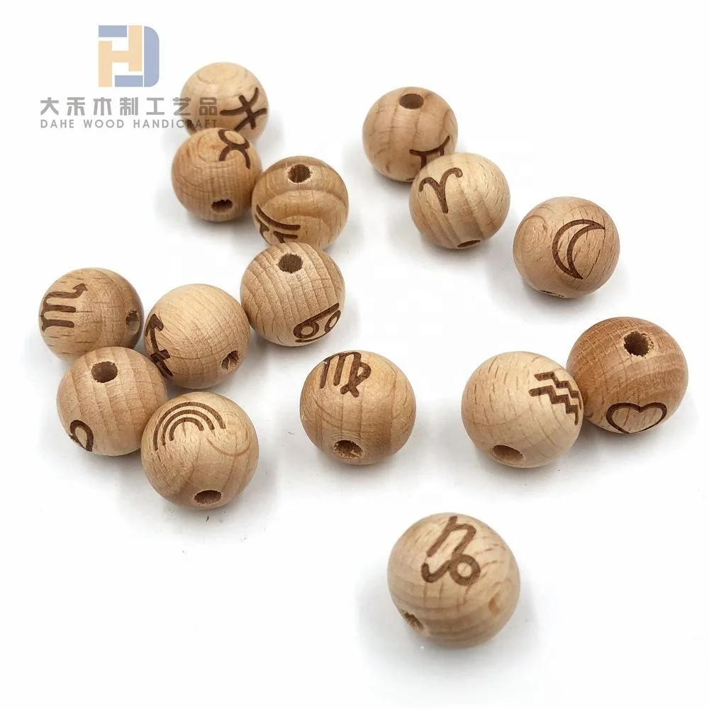 Laser-engraved 16-20mm Beech Wood Beads Custom Wooden Loose Bead for DIY Bracelet Crafts Baby Teether Making