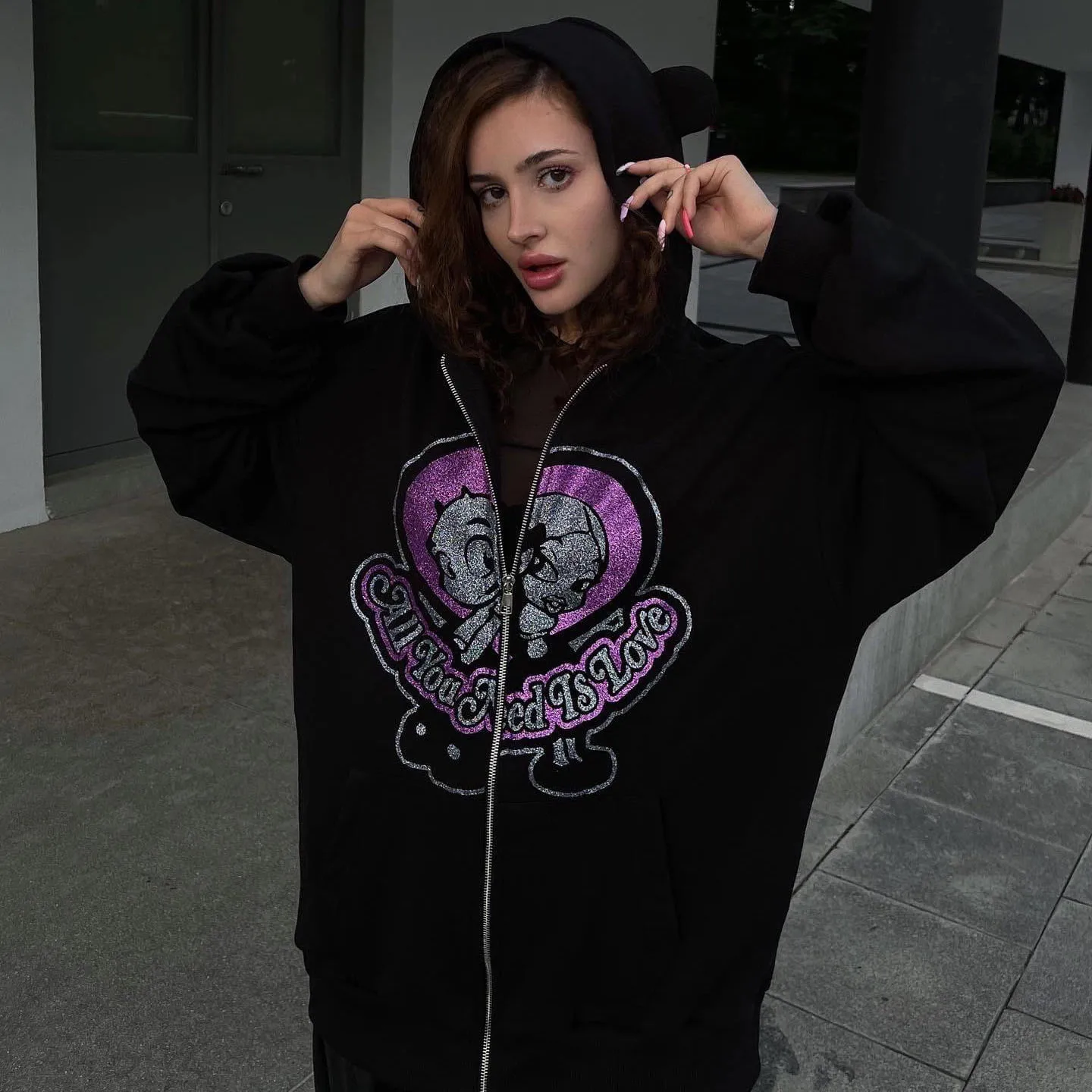 New Cute bear Rhinestone Zip Up Hoodies Women Oversized Sweatshirts Winter Jackets Streetwear Women Crop Hoodie