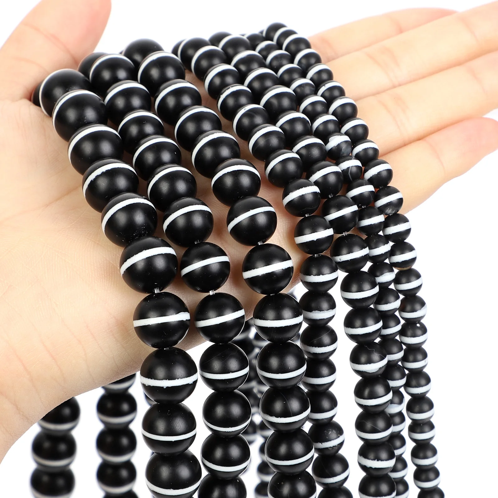 Matte Black Agate White Line Onyx Beads Round Loose Natural Stone Beads For Jewelry Making DIY Bracelets Handmade