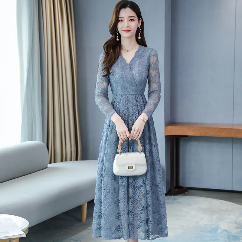 Women spring clubwear clothing long sleeve a line midi lace dresses