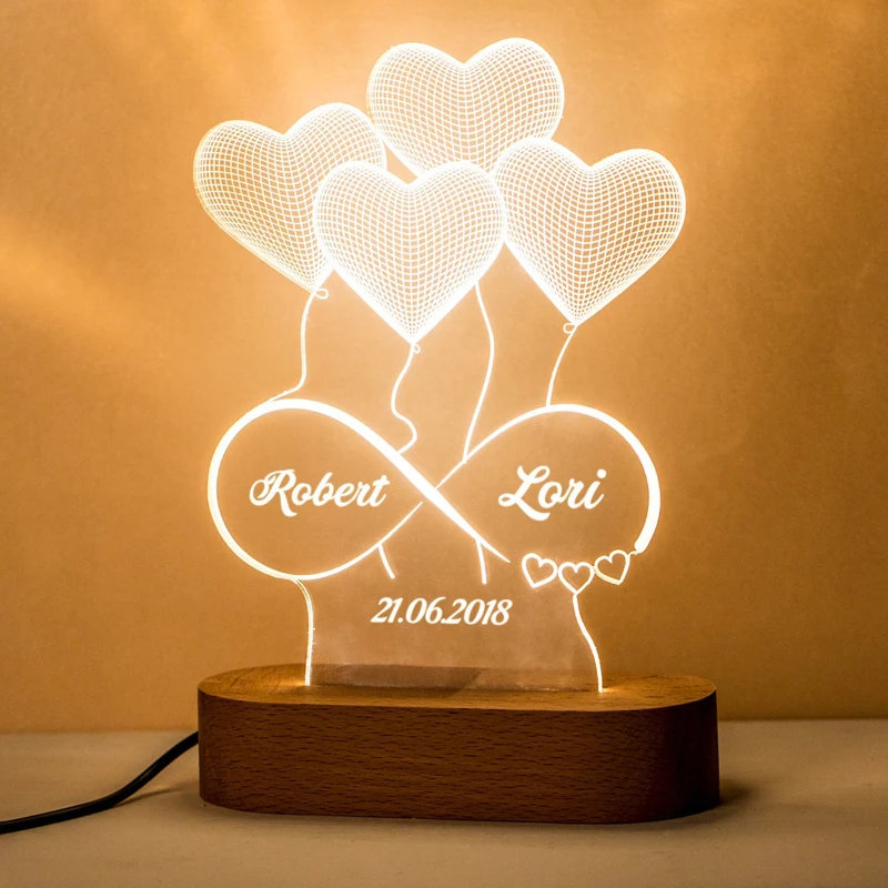 Diy Custom Creative Kids Room Gift Loving Heart Acrylic Wooden Base RGB LED 3D Night Light