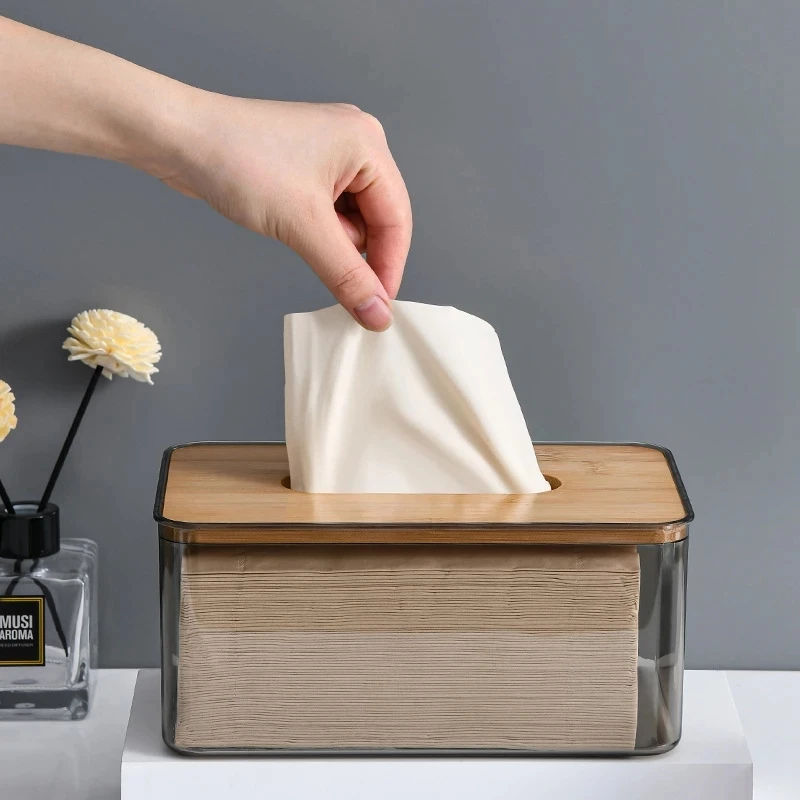 Transparent Tissue Boxes Household Square Table Napkin Holder Wood Lid Paper Storage Container for Home Car Tissue Dispenser