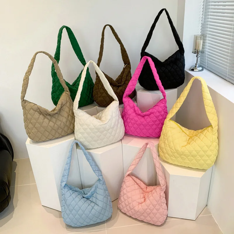 2024 Winter Fashion Large Capacity Light-weight Cotton Soft Quilted Tote Bag Nylon Puffer Crossbody Bag For Ladies