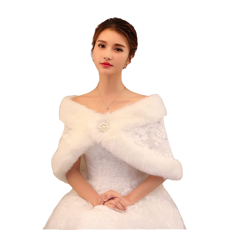 
Wholesale new fluffy plush collar shawl faux rabbit fur bridal lace rhinestone shawl 